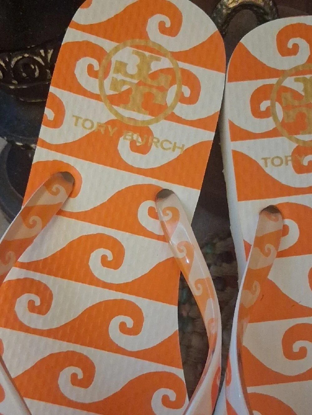 Tory Burch Orange & White Wave Flip Flop Sandals with Gold Logo